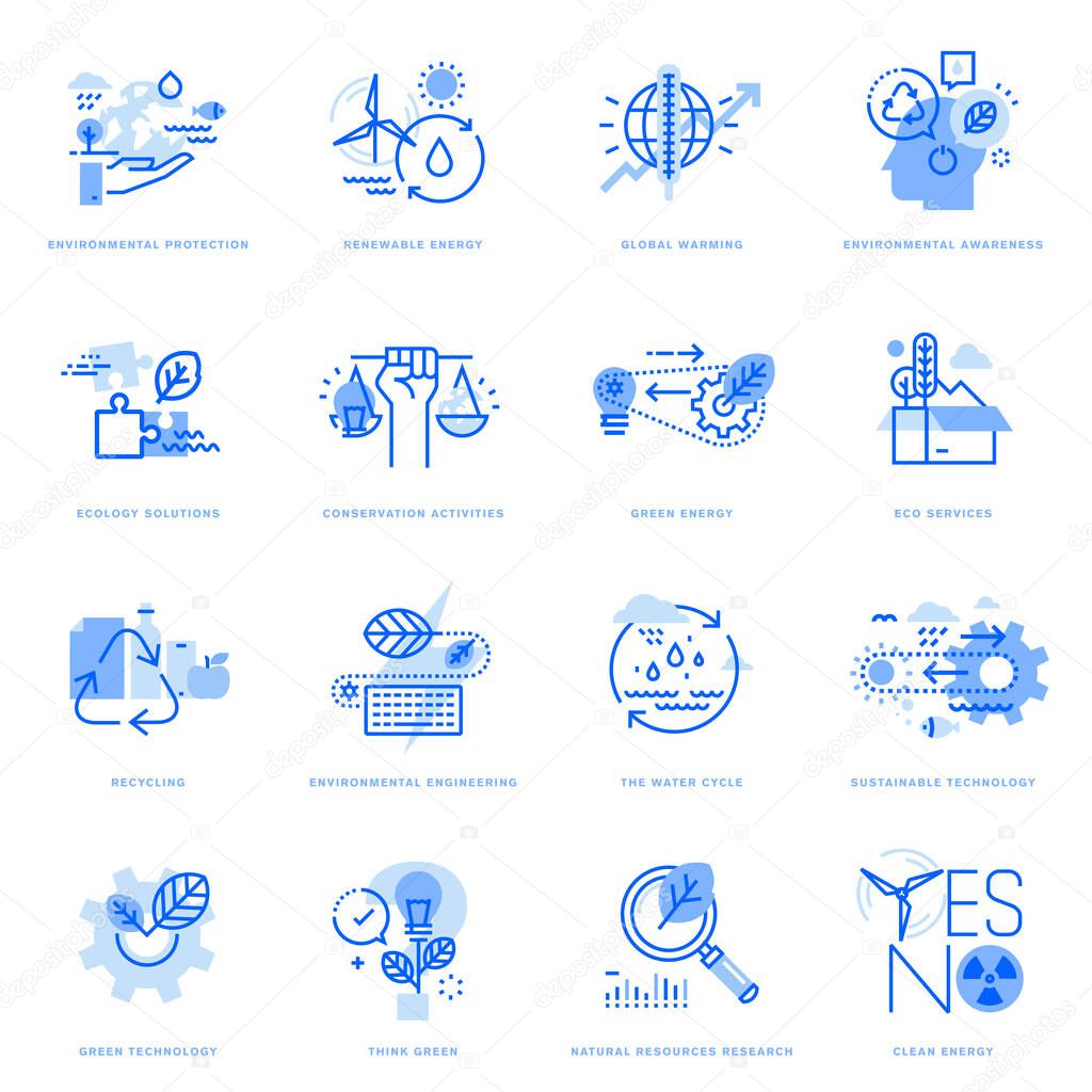 Set of flat line icons of ecology and green technology. Vector concepts for website and app design and development, business presentation and marketing material.