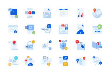 Modern daire tasarımı iş simgeleri. Web sitesi ve uygulama tasarımı ve geliştirilmesi, iş sunumu ve pazarlama materyali için vektör kavramları.