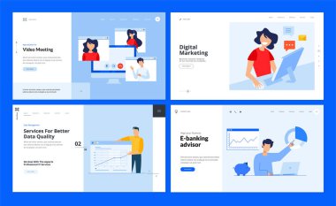 Web sitesi tasarımları video toplantısı, dijital pazarlama, veri analizi, e-bankacılık. Web sitesi ve mobil site geliştirme için vektör illüstrasyon kavramları. 