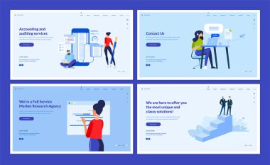 Bir dizi web sitesi tasarımı, muhasebe ve denetleme, piyasa araştırmaları, danışmanlık, bizimle iletişime geçin. Web sitesi ve mobil site geliştirme için vektör illüstrasyon kavramları. 