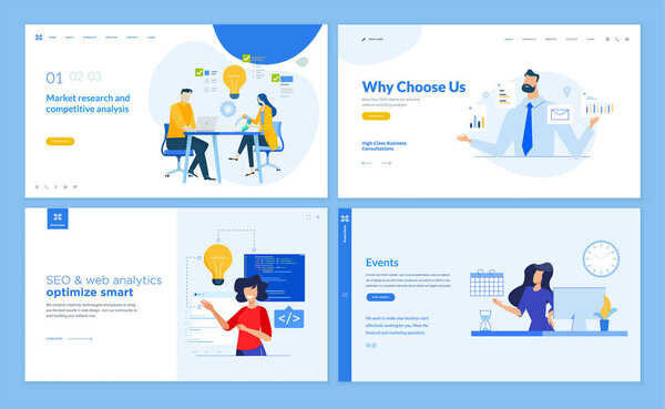 Set of website template designs of SEO, web analytics, market research, business consulting, events. Vector illustration concepts for website and mobile website development. 