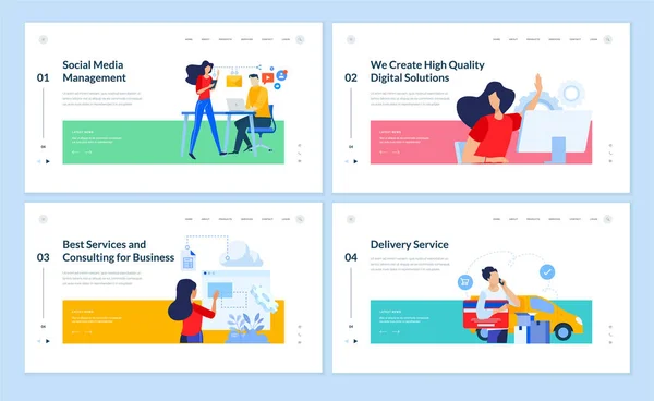 ソーシャルメディア管理 プロジェクト開発 ビジネスコンサルティング 配信サービスのウェブサイトテンプレートデザインのセット ウェブサイトやモバイルウェブサイト開発のためのベクトルイラストの概念 — ストックベクタ