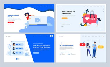 Web sayfası tasarım şablonları video akışı, sosyal medya, dijital çözümler, danışmanlık. Web sitesi ve mobil site geliştirme için vektör illüstrasyon kavramları. 