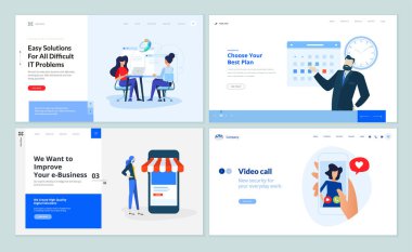 Web sayfası tasarım şablonları iş yazılımı ve araç koleksiyonu, e-ticaret, planlama ve planlama uygulaması, yönetim, video çağrısı. Web sitesi ve mobil site geliştirme için vektör illüstrasyon kavramları. 