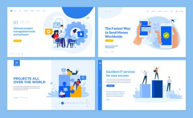Web sayfası tasarım şablonları yönetim, e-bankacılık, bilişim hizmetleri, kitle kaynak platformu koleksiyonu. Web sitesi ve mobil site geliştirme için vektör illüstrasyon kavramları. 