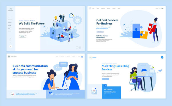 Web page design templates collection of business communication, team, consulting, marketing. Vector illustration concepts for website and mobile website development. 