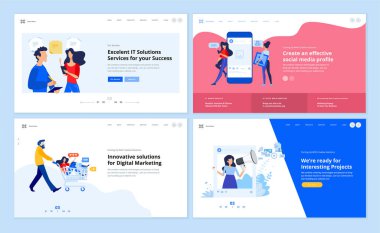 Web sayfası tasarım şablonları sosyal medya, internet pazarlama, çevrimiçi iletişim ve reklamcılık, içerik yönetimi. Web sitesi ve mobil site geliştirme için vektör illüstrasyon kavramları. 
