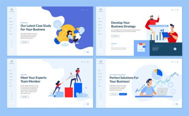 Web sayfası tasarım şablonları iş planı ve stratejisi koleksiyonu, kitle fonlaması, veri analizi, takım sayfamız. Web sitesi ve mobil site geliştirme için vektör illüstrasyon kavramları. 
