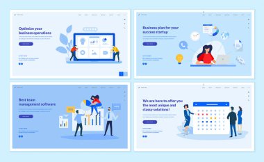 Web sayfası tasarım şablonları iş planı koleksiyonu, takım yönetimi, optimizasyon, haberler ve etkinlikler. Web sitesi ve mobil site geliştirme için vektör illüstrasyon kavramları. 
