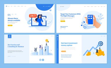 Web sayfası tasarım şablonları çevrimiçi destek toplama, yatırım, iş danışmanlığı, müşteri ilişkileri ve iletişim. Web sitesi ve mobil site geliştirme için vektör illüstrasyon kavramları. 