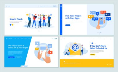 Web sayfası tasarım şablonları, sosyal ağ koleksiyonu, e-posta pazarlaması, çevrimiçi iletişim, mobil hizmetler ve uygulamalar. Web sitesi ve mobil site geliştirme için vektör illüstrasyon kavramları. 