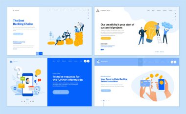 Web sayfası tasarım şablonları koleksiyonu başlangıç, bankacılık, mobil hizmetler. Web sitesi ve mobil site geliştirme için vektör illüstrasyon kavramları. 