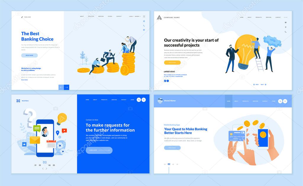 Web page design templates collection of startup, banking, mobile services. Vector illustration concepts for website and mobile website development. 