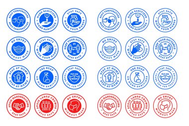 Coronavirus Covid-19 önleme işaretleri. Koronavirüs hastalığına karşı koruyucu önlemler için vektör çizimleri. Etiketler ve etiketler için kavramlar, web pankartları, pazarlama materyali, sosyal medya.