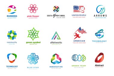 Logo dizayn şablonları. İş, teknoloji, ağ, ulusal hizmetler, yeşil teknoloji, ekoloji konularındaki vektör illüstrasyonları.