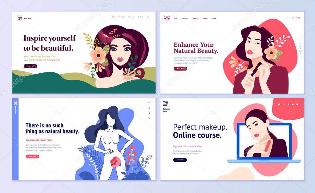 Web page design templates set for beauty, cosmetics, makeup, natural products, healthy life. Modern flat design vector illustration concepts for website and mobile website development.