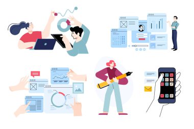 Seo, analiz, piyasa araştırması, veri analizi, istatistik, mobil hizmetler, iletişim, grafik tasarımı gibi bir dizi düz dizayn insanı kavramı. Grafik ve web tasarımı için vektör illüstrasyonları, iş sunumu, pazarlama materyali. 