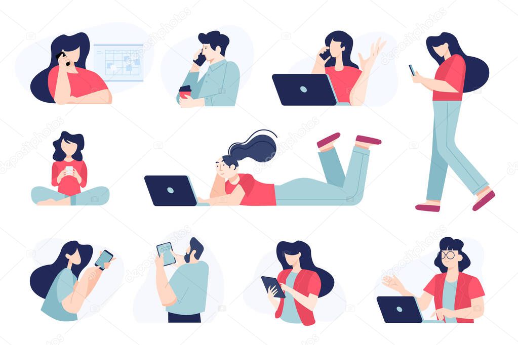 Set of flat design people concepts of communication, use of mobile, tablet and laptop, social network. Vector illustrations for graphic and web design, business presentation, marketing material. 