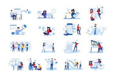 Set of modern flat design people icons  of business analytics and planning, video and conference call, business app, seo, market research, online support, accounting, data analysis, teamwork. clipart