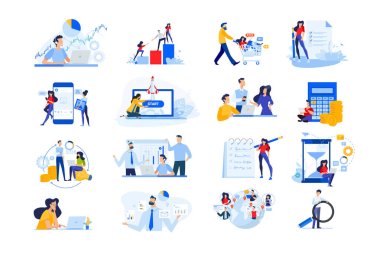 Set of modern flat design people icons. Vector illustration concepts of startup, time management, social network, e-commerce, data analytics, market research, business presentation, finance, marketing clipart
