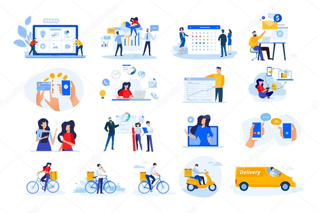 Set of modern flat design people icons. Vector illustration concepts of delivery, ebanking, communication, project development, business management, Internet marketing, seo, video calling.