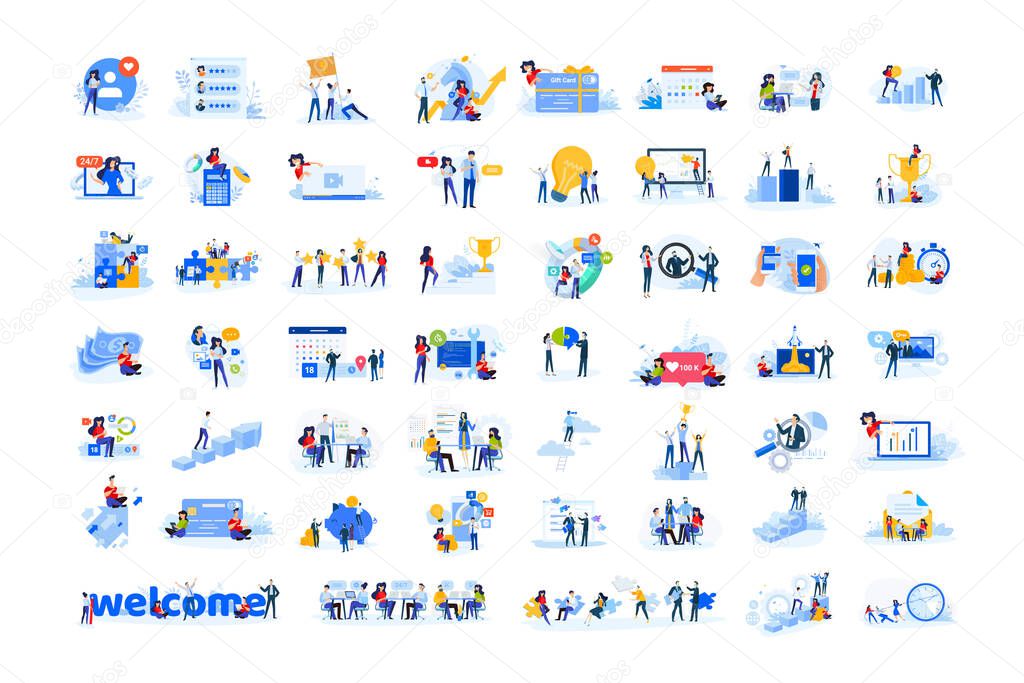 Set of modern flat design people icons. Vector illustration concepts of business, finance, marketing, technology, teamwork, management, e-commerce, web dewelopment and seo, business success and career.