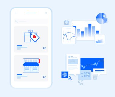 Akıllı telefon elemanları ve afişler tasarımı. Web ve uygulama tasarımı ve geliştirmesi için vektör illüstrasyonları.