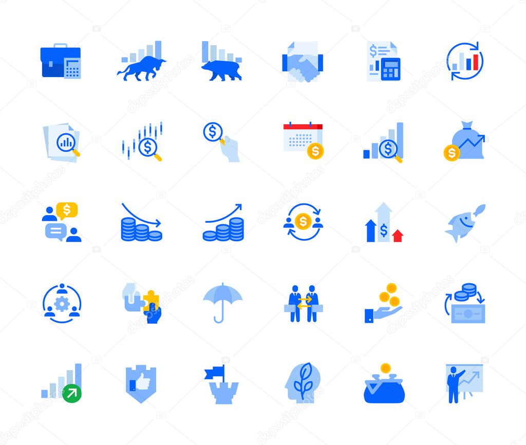 Money trading and investment icons set for personal and business use. Vector illustration icons for graphic and web design, app development, marketing material and business presentation.