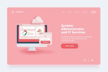 Web tasarım şablonu. Bilişim hizmetleri, bulut hesaplama, sistem yöneticisi, veri analizi, SEO için vektör illüstrasyon konsepti veya iniş sayfası tasarımı.