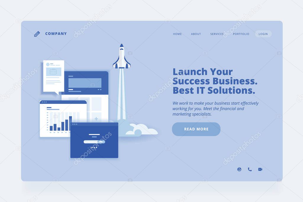 Web design template. Vector illustration concept of website or landing page design for business apps and solutions, startup, management, finance and marketing.