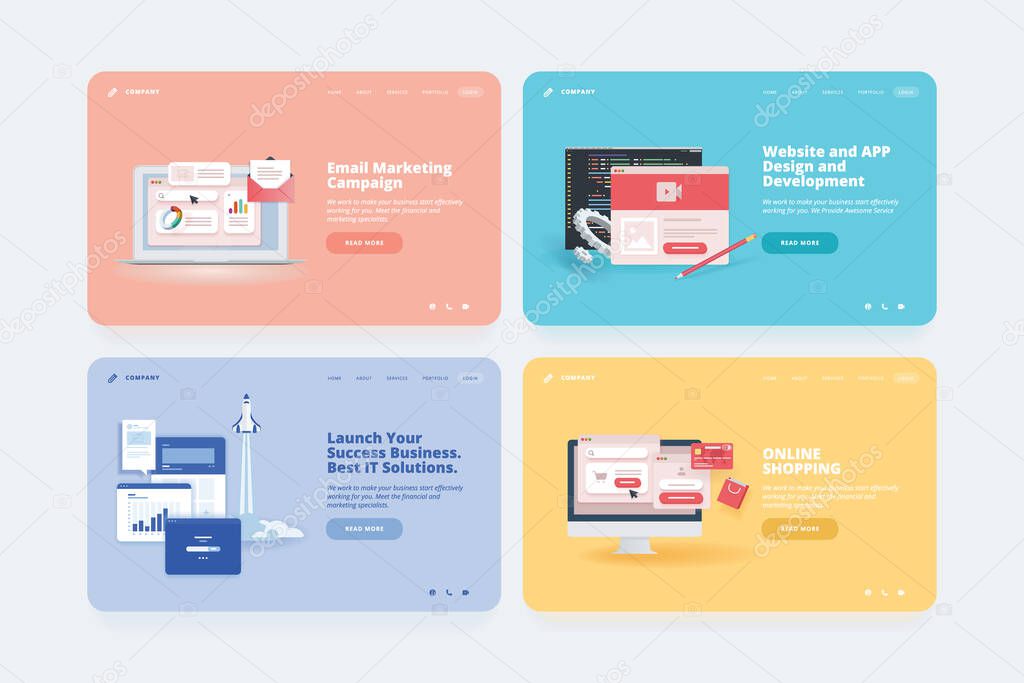 Set of web design templates. Vector illustration concepts of website or landing page design for email marketing, startup, e-commerce and online shopping, SEO, web design and development.