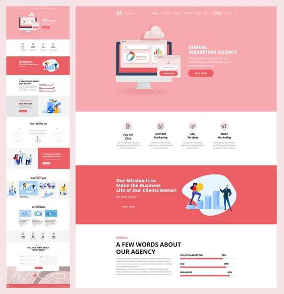1ページのウェブサイトデザインテンプレート デジタルマーケティングとオンライン広告のトピックに関するWebデザインと開発のためのベクトル図の概念 — ストックベクタ