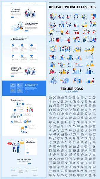 Plantilla Diseño Web Una Página Conjunto Ilustraciones Vectoriales Iconos Para — Vector de stock