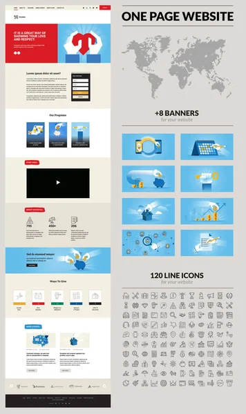 Plantilla Diseño Web Una Página Conjunto Ilustraciones Vectoriales Iconos Para — Vector de stock