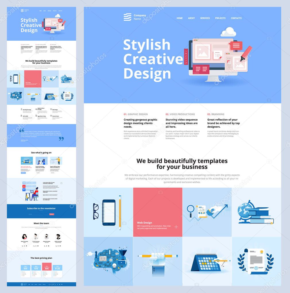One page website design template. Vector illustration concept for web design and development on the topic of creative web templates, branding, video marketing, business strategy and seo.  