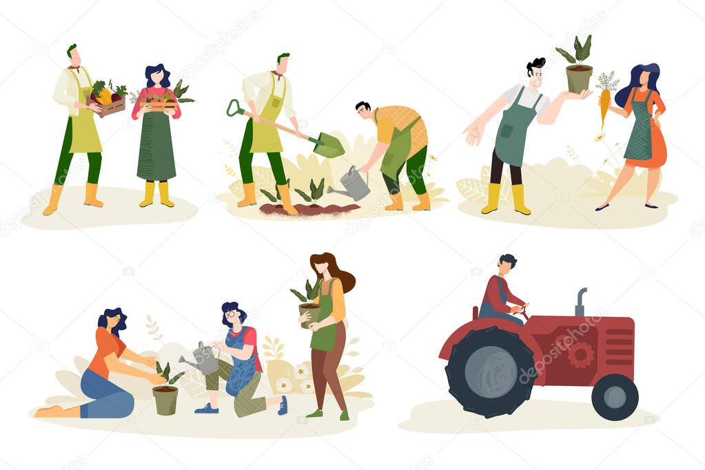 Organic farming, agriculture and gardening. Vector illustrations of organic food production, for web banners and background, poster, business presentation, marketing material for food market. 