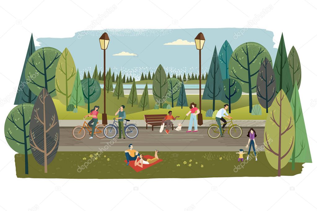 City park. Vector illustration on the topic of nature, healthy living, ecology, staying in nature, landscaping, recreation, travel for web banner and background, poster, card, marketing material. 