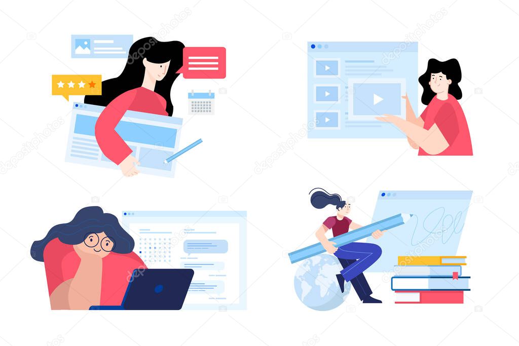 Back to school. Flat design concepts of education, e-learning, school, online courses and training. Vector illustrations for website banner, marketing material, presentation template, online ads.