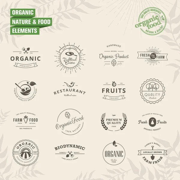 Set of badges and labels elements for organic nature and food — Stock Vector