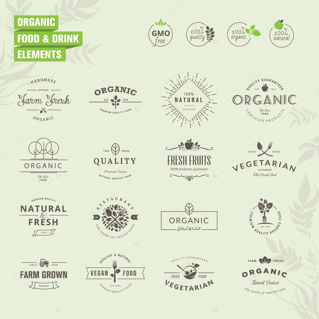 Set of elements for labels and badges for organic food and drink, restaurant, food market