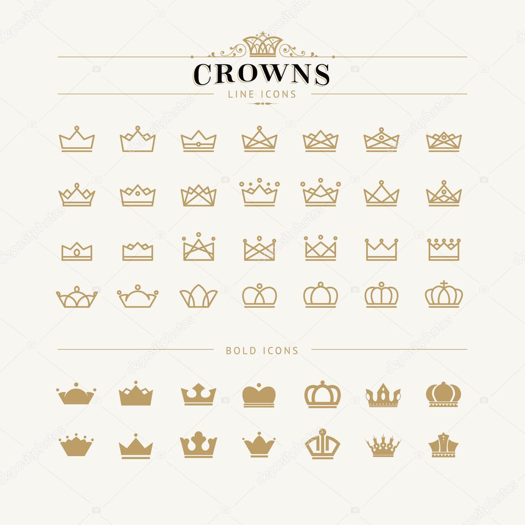 Set of vector crown line and bold icons