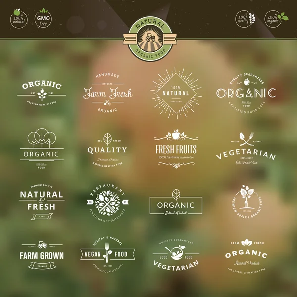 Набор элементов винтажного стиля для этикеток и значков для органических продуктов питания и напитков, на природном фоне — стоковый вектор