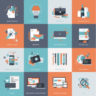 Set of flat design concept icons for website development, graphic design, branding, seo, web and mobile apps development, marketing and e-commerce clipart