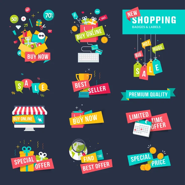 Ensemble d'insignes de design plat et rubans pour le shopping — Image vectorielle