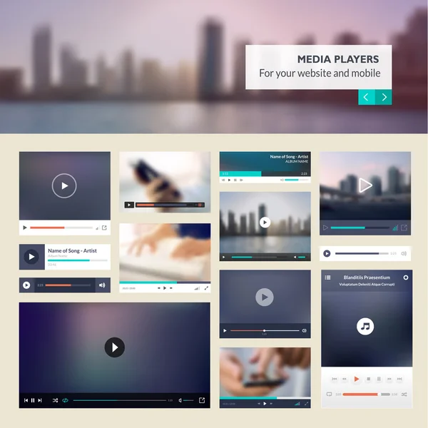 Uppsättning av mediespelare för webbplatser och mobila webbplatser design — Stock vektor