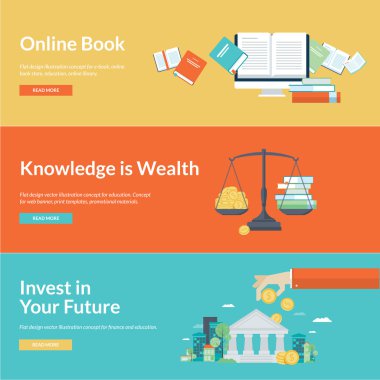 Online kitap, online Kütüphane, online kitap satış, finans, eğitim kredisi, eğitim tasarruf için düz tasarım vektör illüstrasyon kavramlar