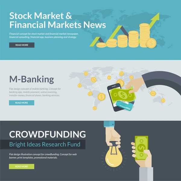 Flat design concepts for business, finance, stock market and financial market news, consulting, business planning and strategy, m-banking, online investing, mobile payment, crowdfunding — Stock Vector