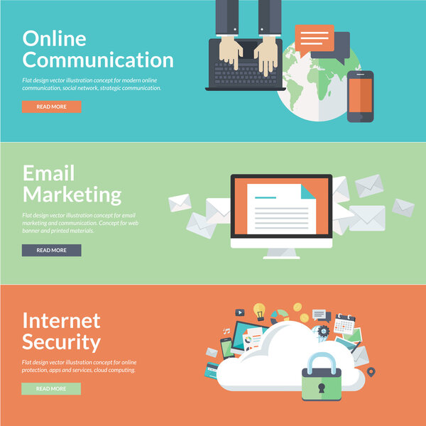 Flat design vector illustration concepts for online communication, social network, strategic communication, email marketing, online protection, internet security, cloud computing