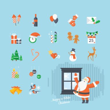 Düz tasarım Noel ve yeni yıl simgeler kümesi