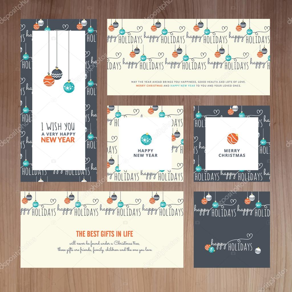 Set of greeting cards and badges for Christmas and New Year